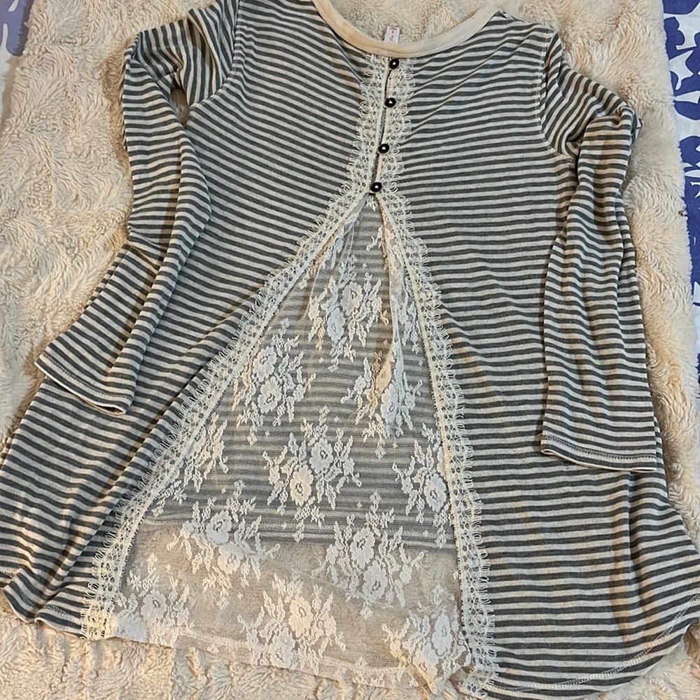 Xhilaration  Back lace And Buttons Grey  and White Striped Flowy Top Size Small